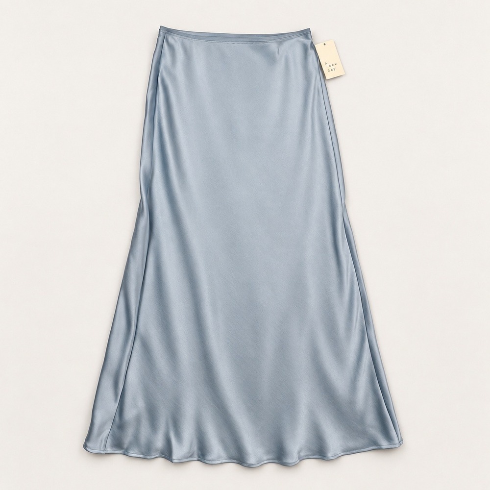 A New Day Womens Light Blue Satin Maxi Slip Skirt Bias Cut Pull On Size XXL NWT